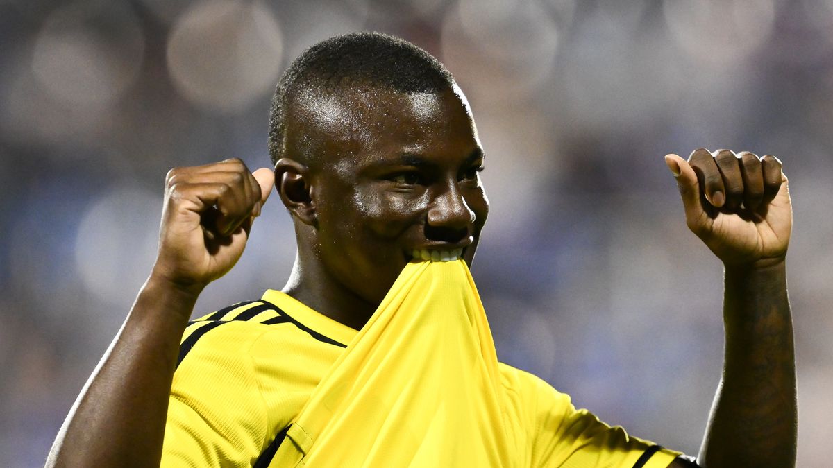 Marino Hinestroza #11 of Columbus Crew celebrates a goal ahead of the Pachuca vs Columbus Crew with CONCACAF Champions Cup final