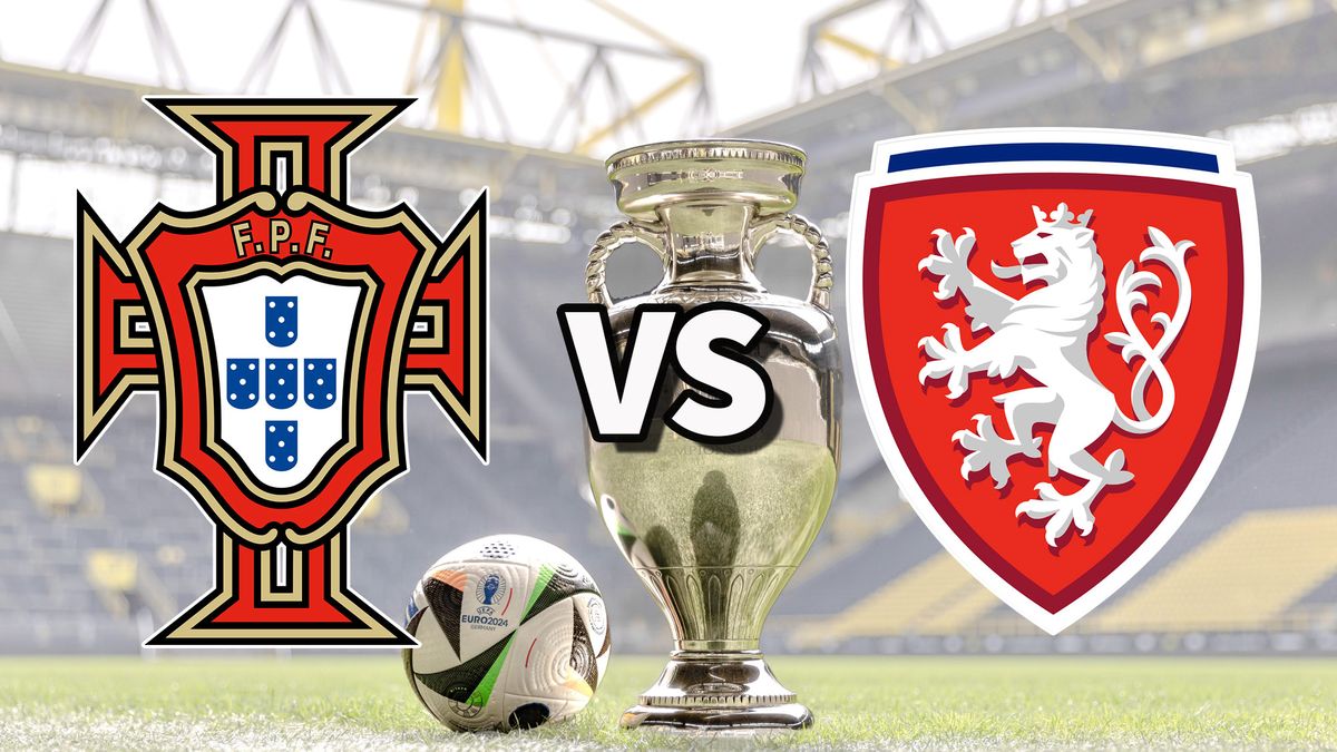 The Portugal and Czechia club badges on top of a photo of the Euro 2024 trophy and match ball