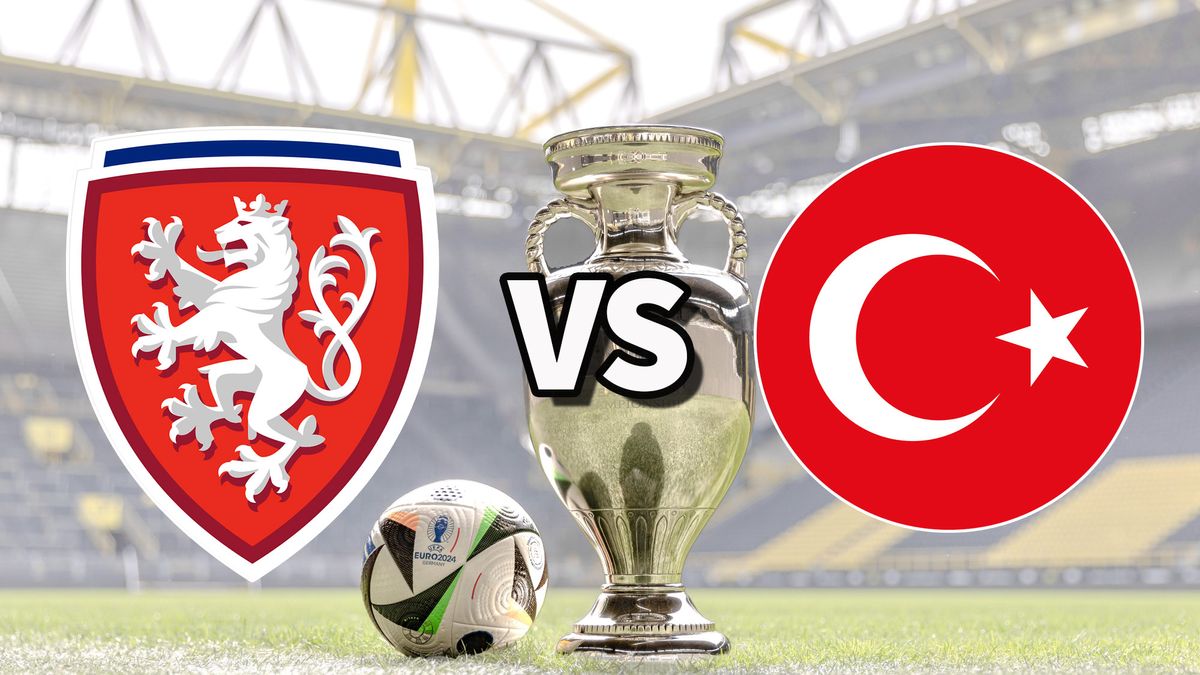The Czechia and Turkiye club badges on top of a photo of the Euro 2024 trophy and match ball
