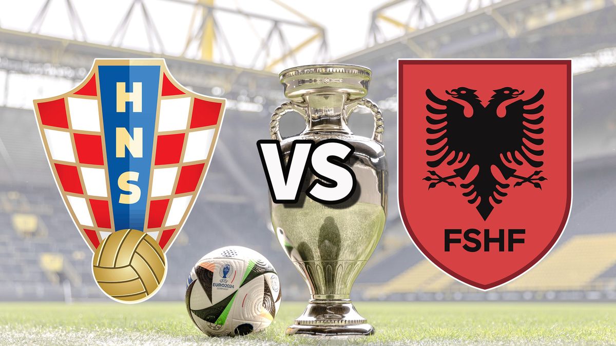 The Croatia and Albania club badges on top of a photo of the Euro 2024 trophy and match ball