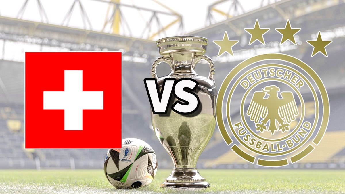 The Switzerland and Germany club badges on top of a photo of the Euro 2024 trophy and match ball