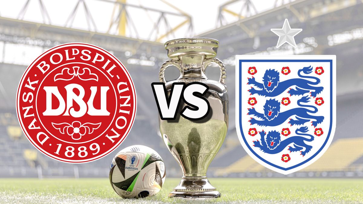 The Denmark and England club badges on top of a photo of the Euro 2024 trophy and match ball