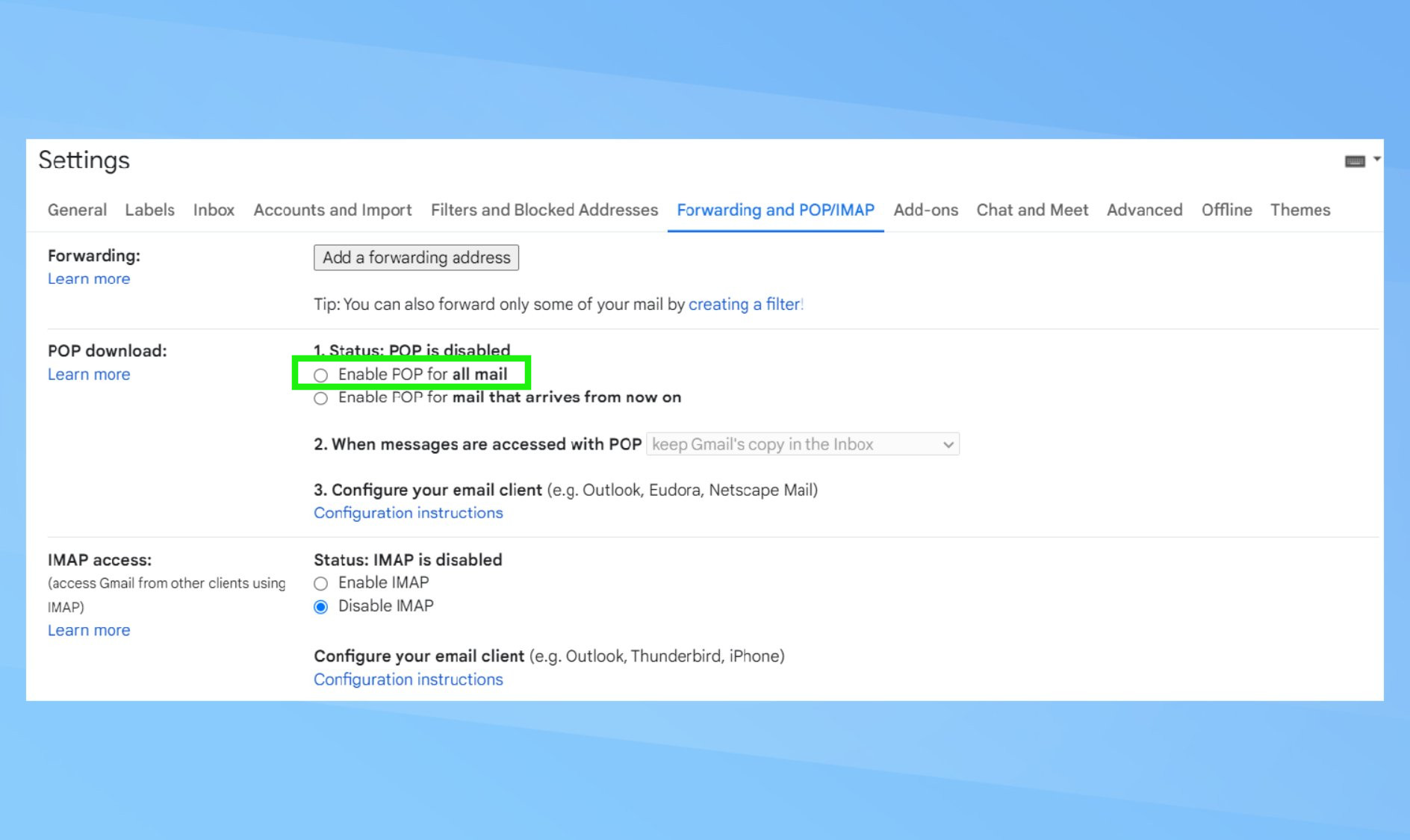 צילום מסך של הגדרות Gmail פתוח, עם הפעלת פופ עבור כל הדואר מודגש. 