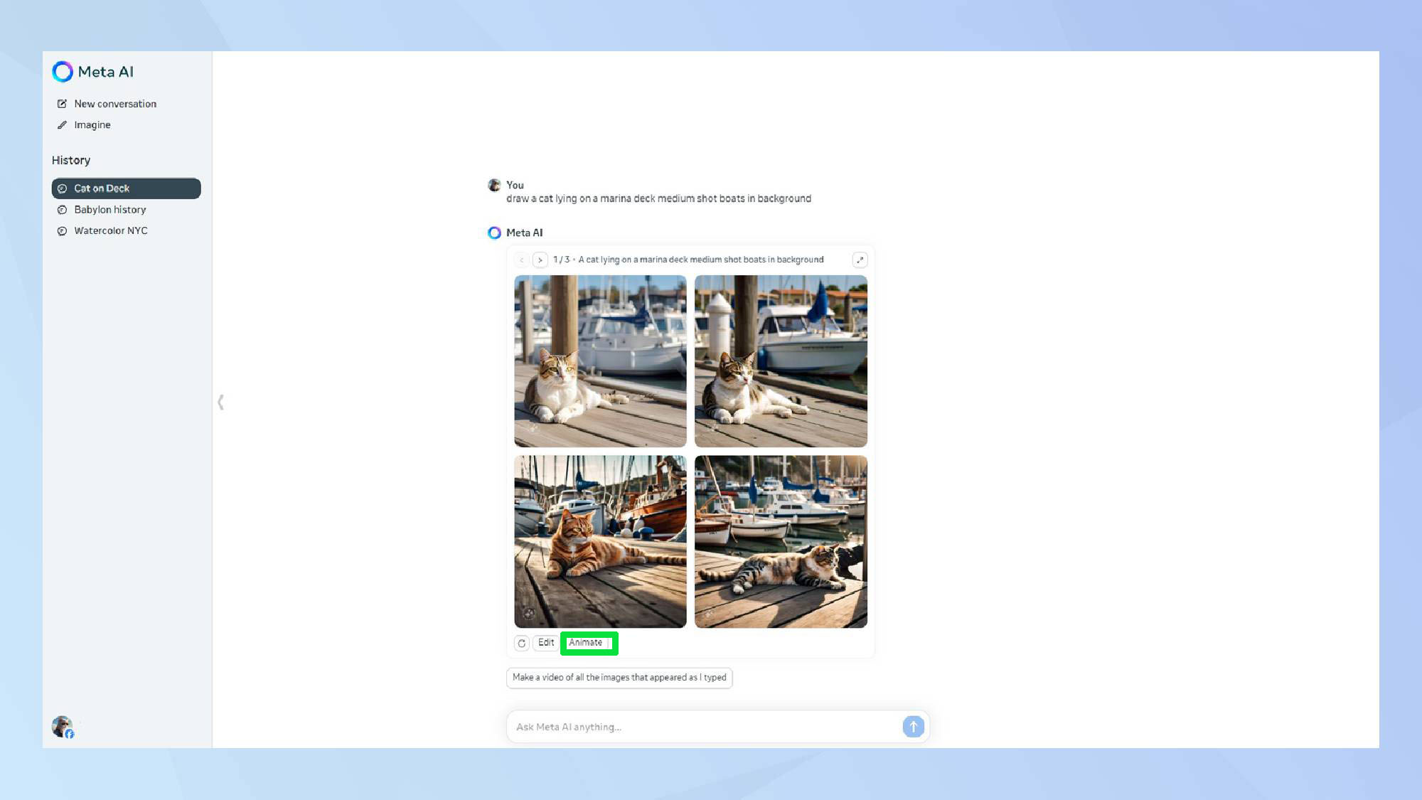 Meta AI עם כפתור הנפשה מודגש