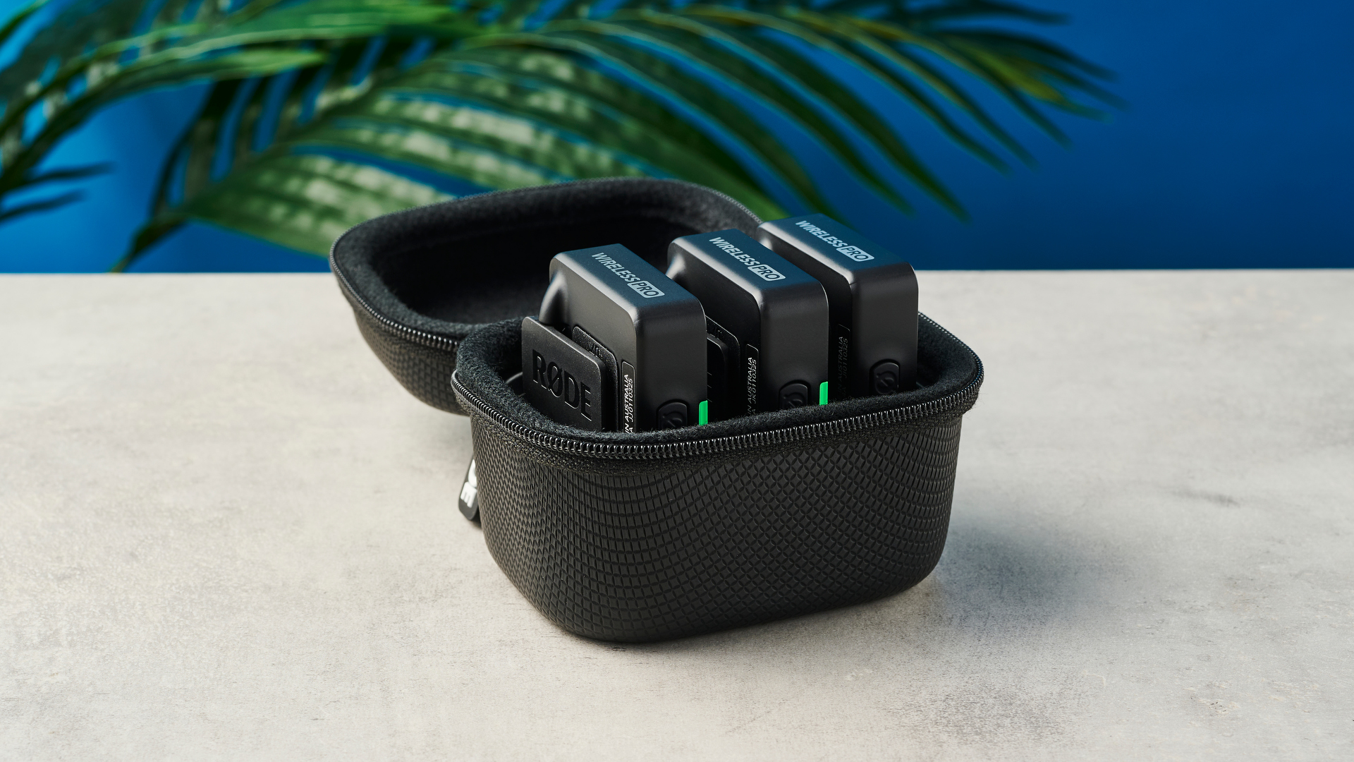 יחידות Rode Wireless Pro מיקרופון RX ו-TX במארז הטעינה הפתוח שלהם עם קיר כחול ברקע