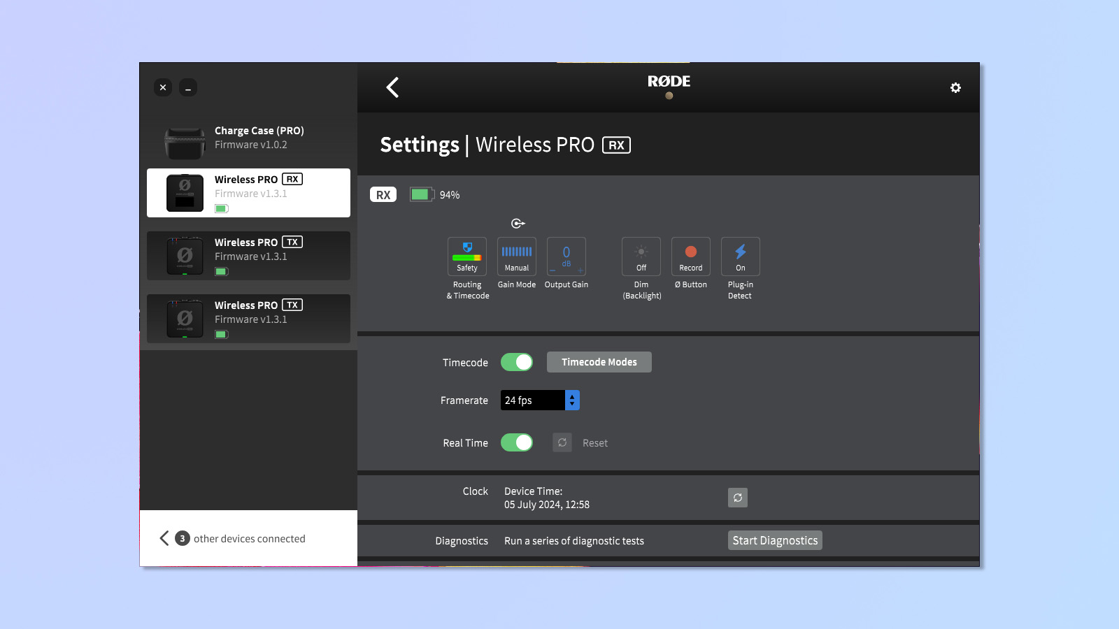 צילום מסך של אפליקציית Rode Central Desktop בשימוש במחשב Windows