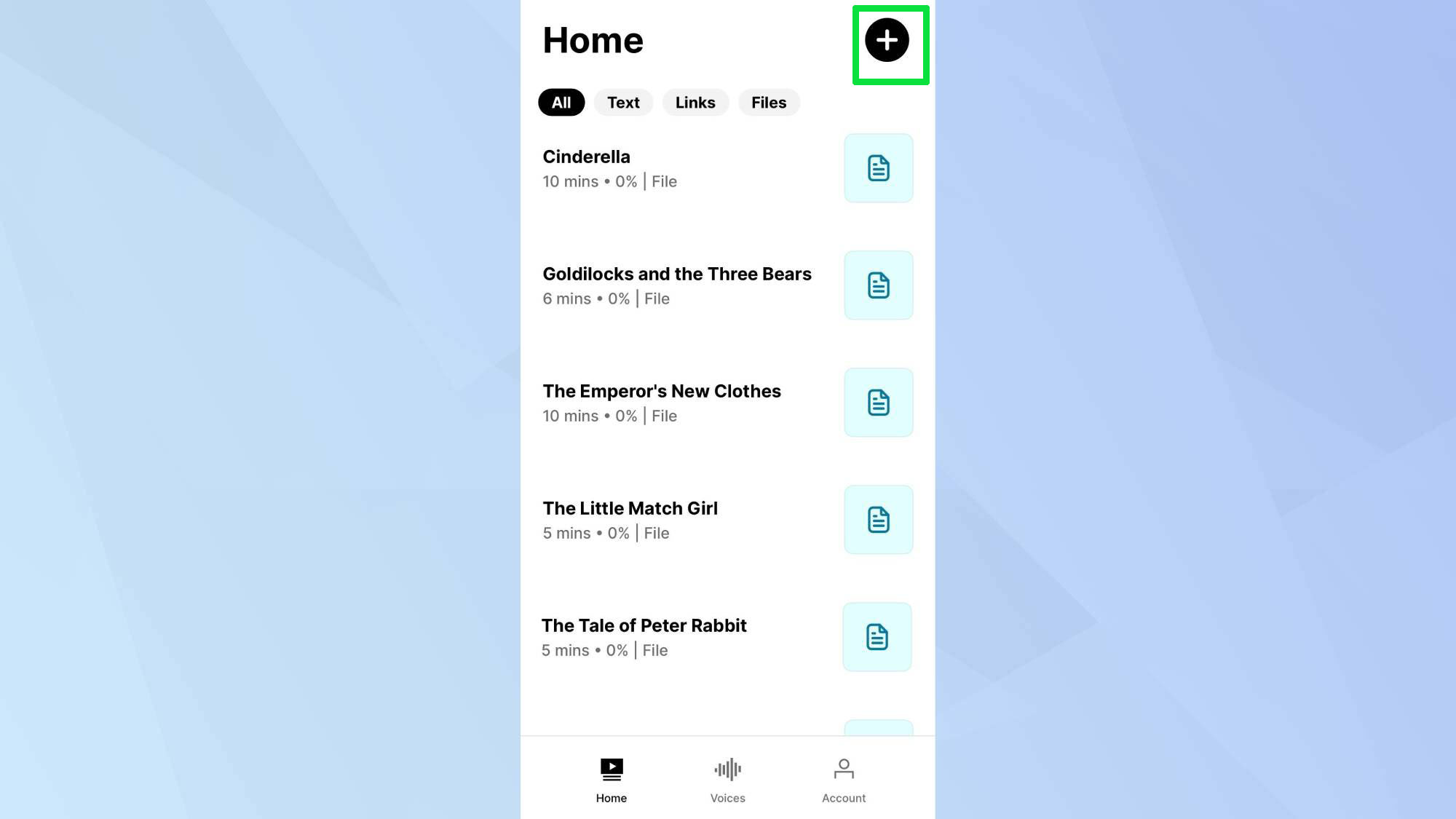 דף הבית של אפליקציית הקורא ElevenLabs