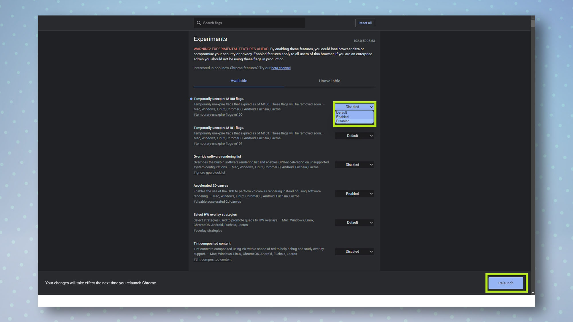 צילומי מסך המציגים את השלבים הנדרשים להפעלה והשבתה של דגלי כרום במחשב Windows