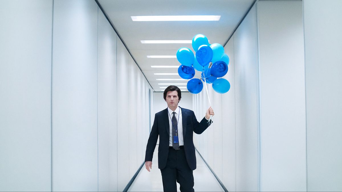 Mark (Adam Scott) holding blue balloons in