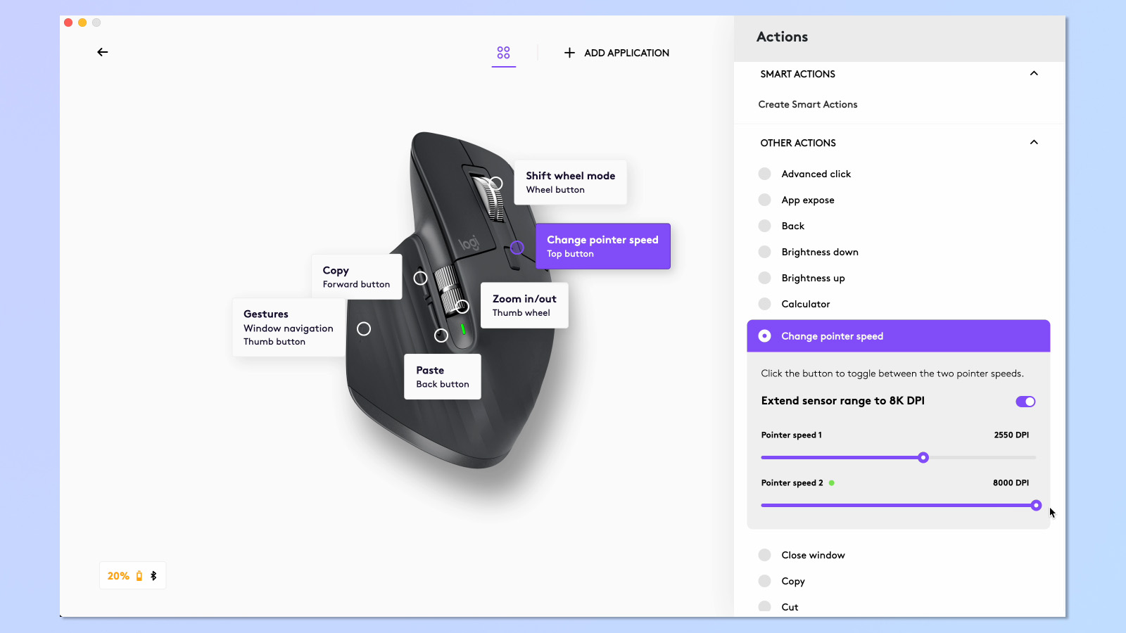 צילום מסך של אפליקציית Logi Options+ המשמשת להתאמה אישית של עכבר Logitech MX Master 3S
