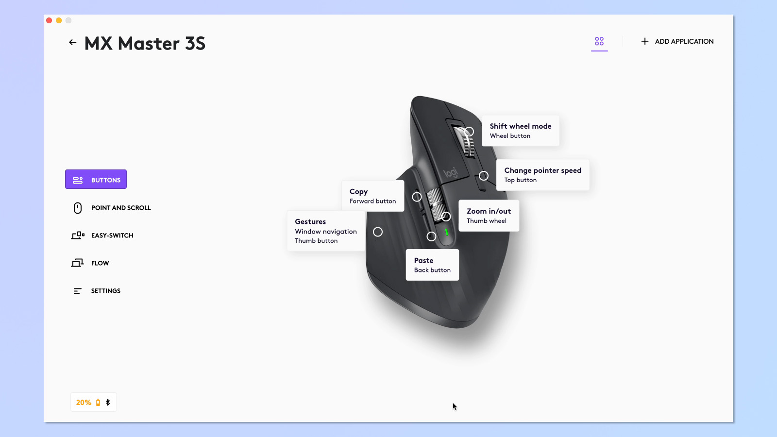 צילום מסך של אפליקציית Logi Options+ המשמשת להתאמה אישית של עכבר Logitech MX Master 3S