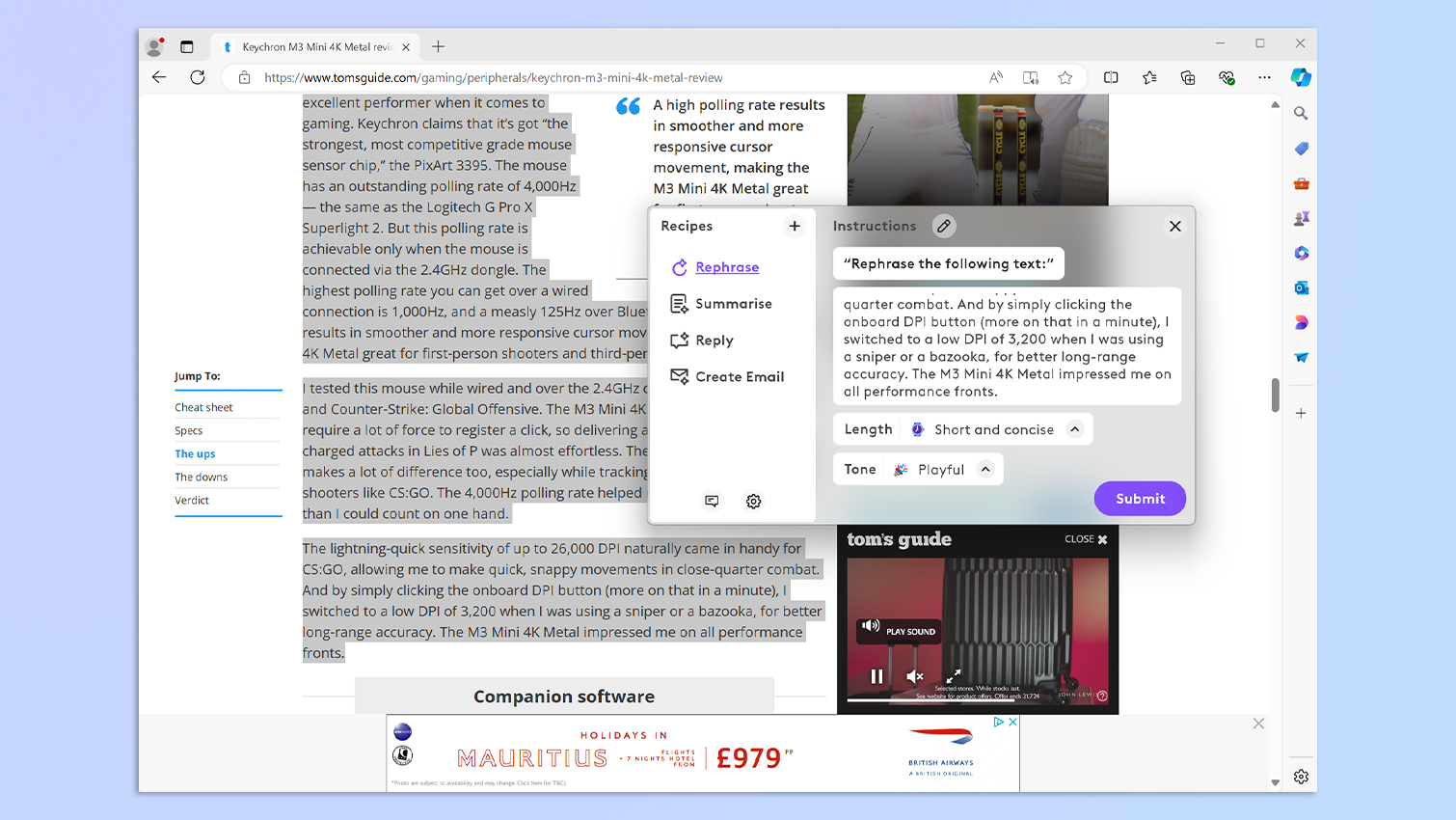 צילום מסך המציג את תכונות הבינה המלאכותית של העכבר האלחוטי Logitech Signature AI Edition M750