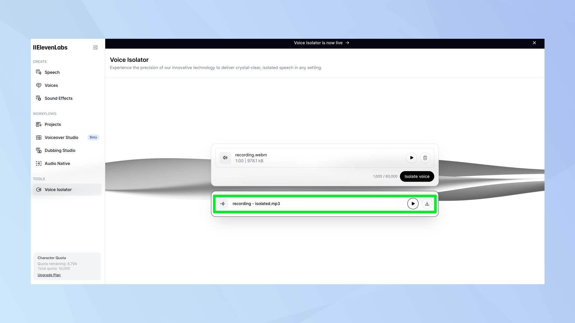 אודיו מבודד של ElevenLabs