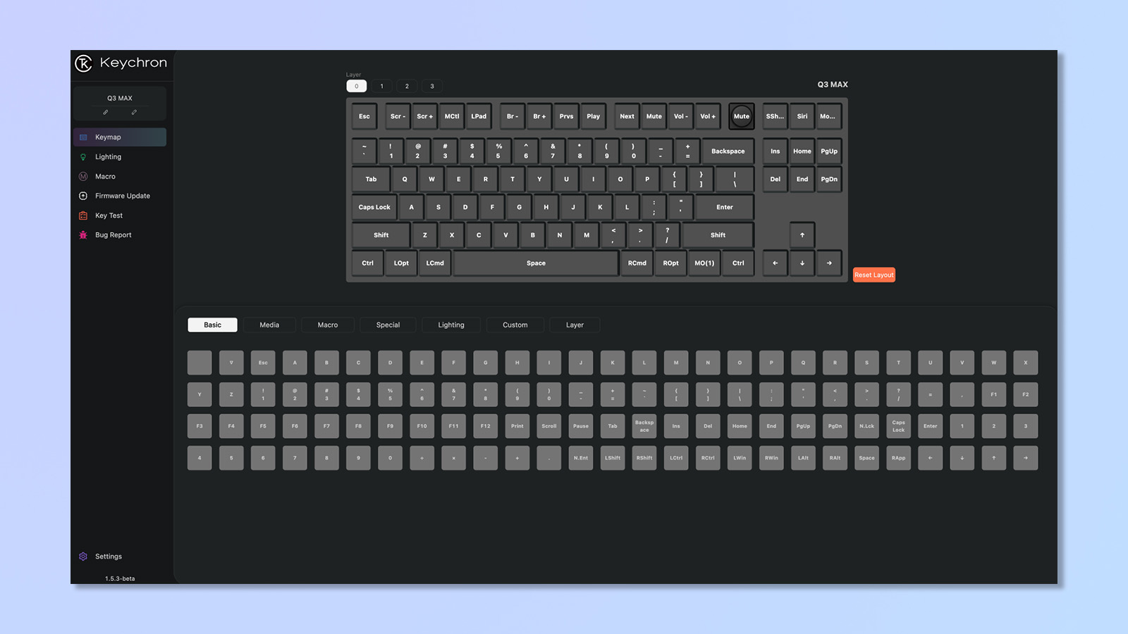 תוכנת Keychron Launcher המשמשת להתאמה אישית של Keychron Q3 Max