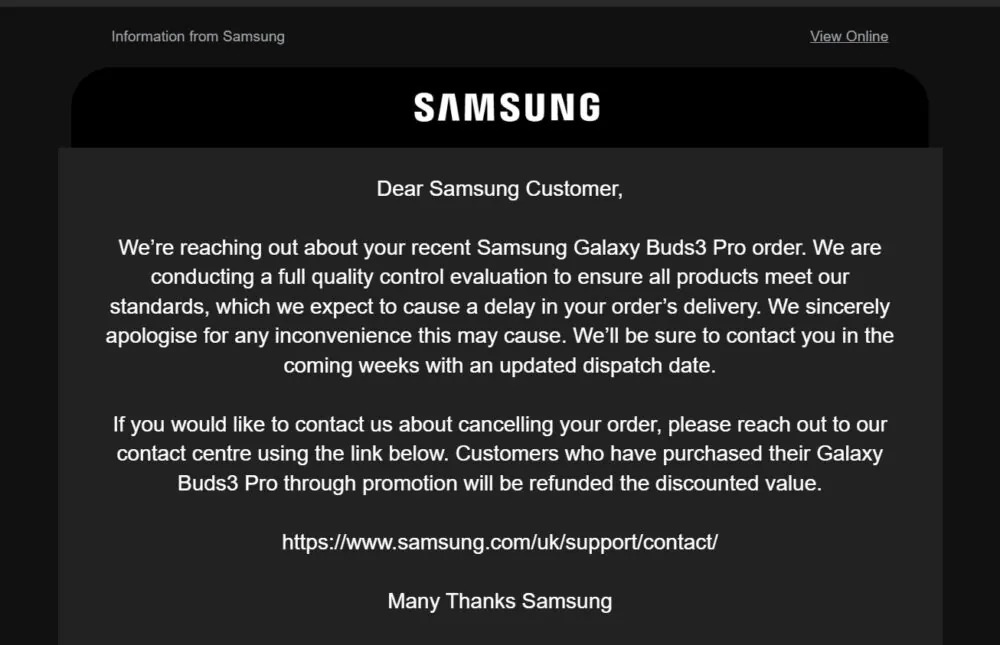 הודעת הזמנה מראש של Galaxy Buds 3 Pro מסמסונג המסבירה את בעיות הייצור והעיכוב