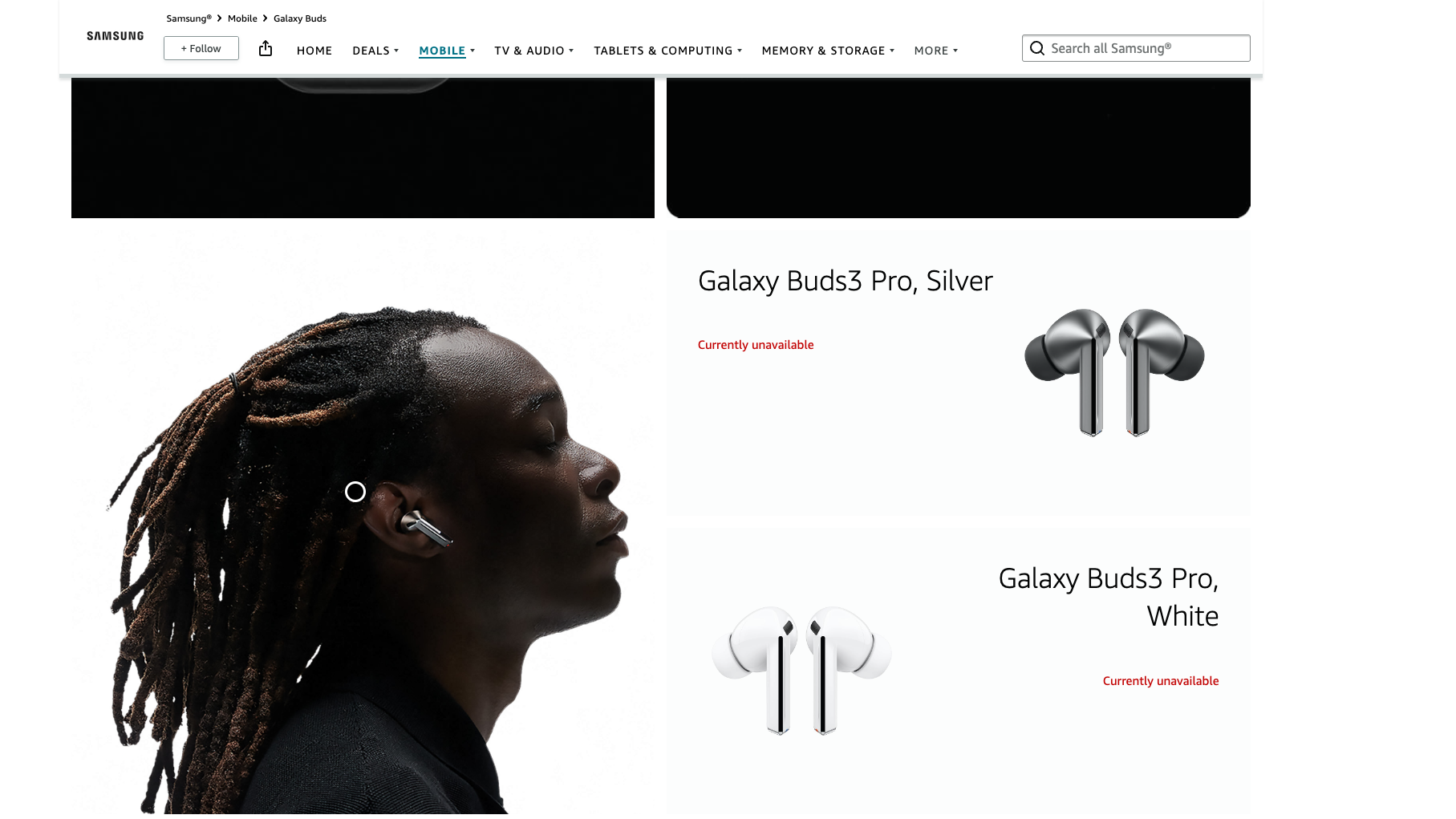 דף החנות של אמזון עבור ה-Galaxy Buds 3 Pro, מציג תווית שאינה זמינה כרגע