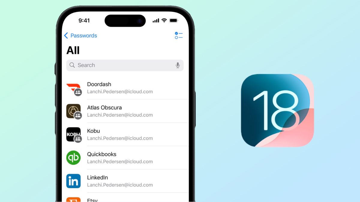 Passwords app on iPhone next to iOS 18 logo