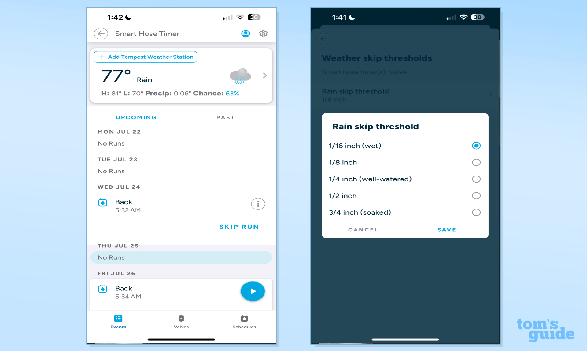 דף הבית של אפליקציית Rachio ואוטומציה של מזג האוויר