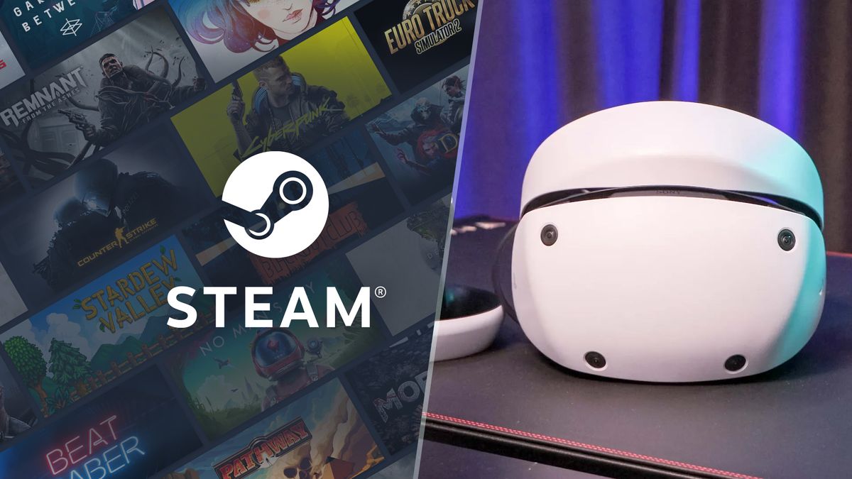 The Steam logo with a variety of games behind it with a photo of PSVR 2 on the right.