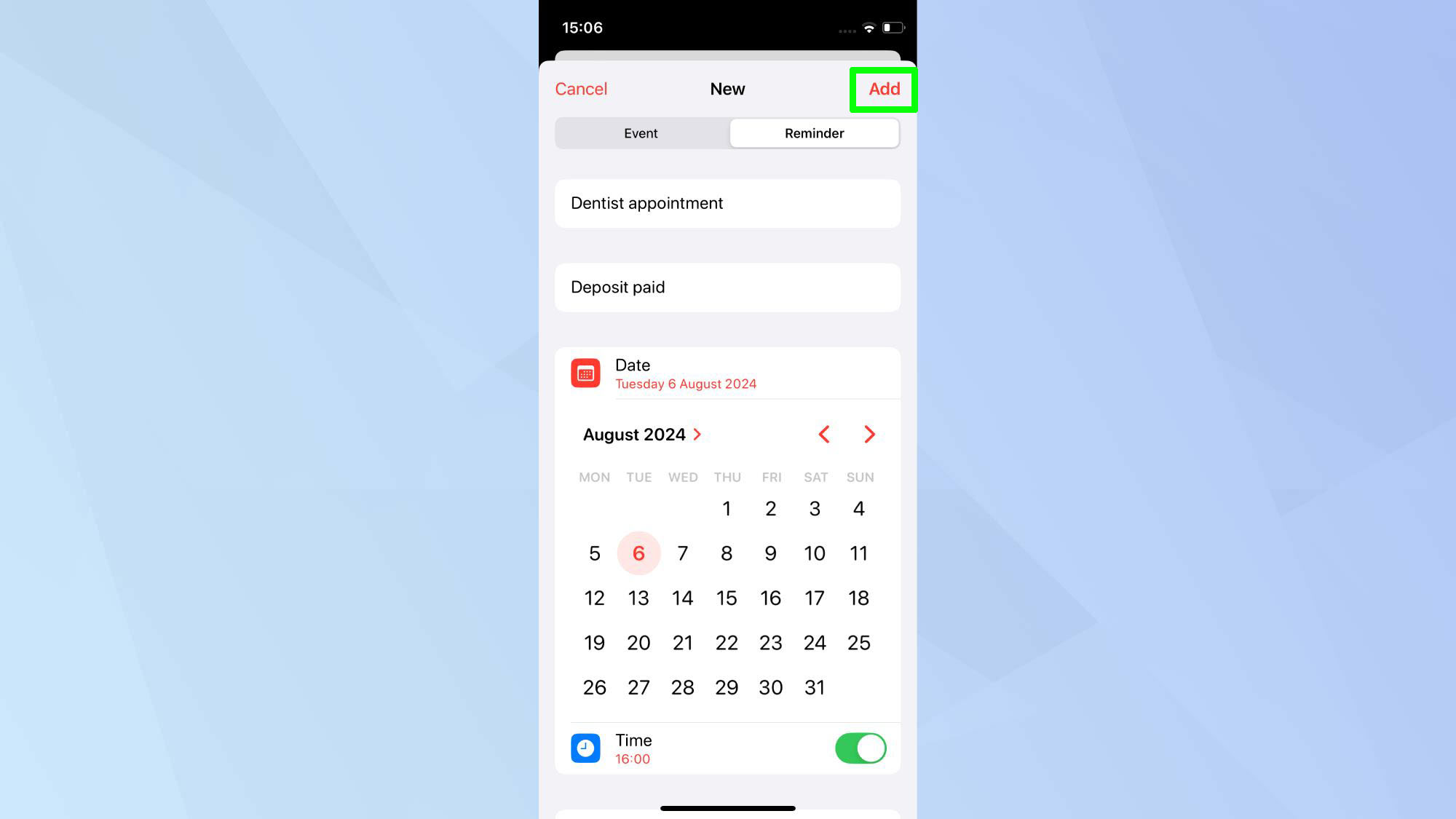 שמירת תזכורת לאפליקציית יומן