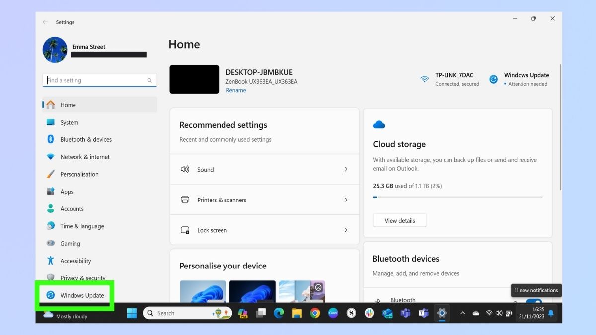 צילום מסך המדגים את השלבים הנדרשים לעדכון Windows 11 - בחר Windows Update