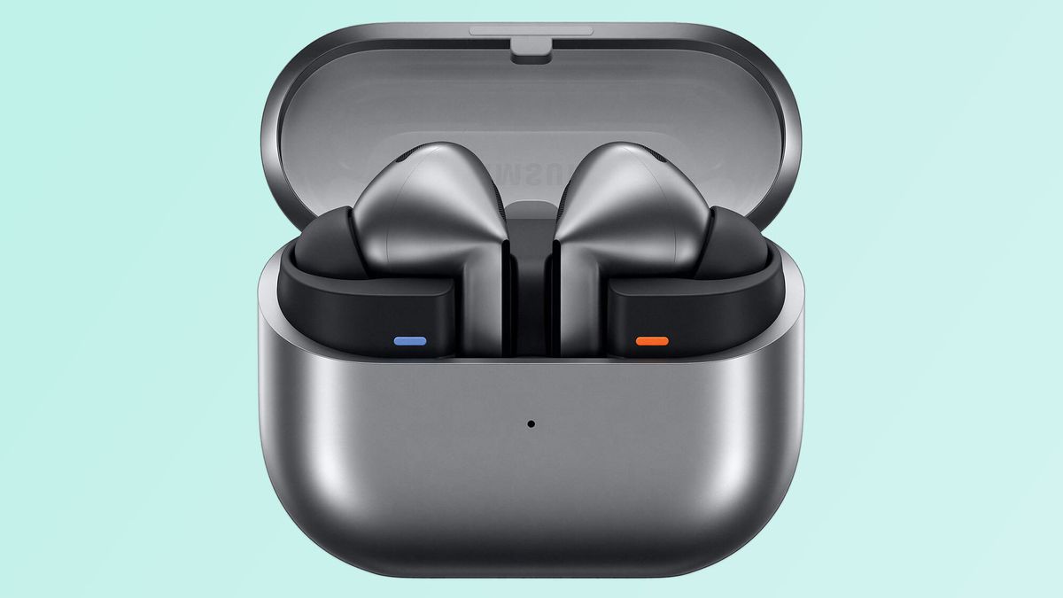 Leaked images of the Samsung Galaxy Buds 3 charging case. The case is black and the earbuds are black. Teal background