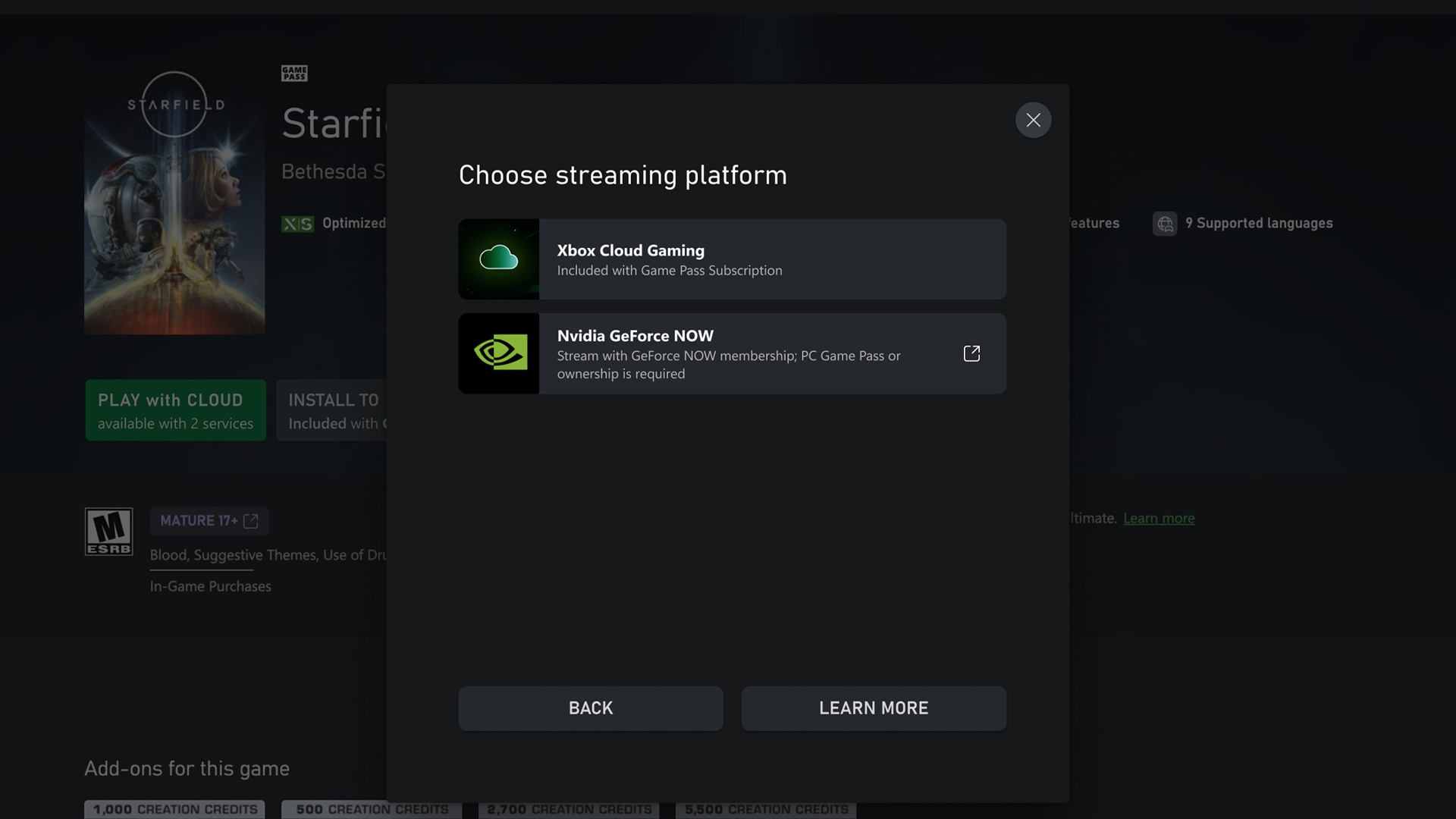 אפשרות סטרימינג של Nvidia GeForce Now בעמוד ה-Xbox הרשמי של Starfield.