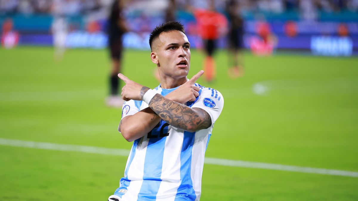 Lautaro Martinez of Argentina celebrates after scoring the team