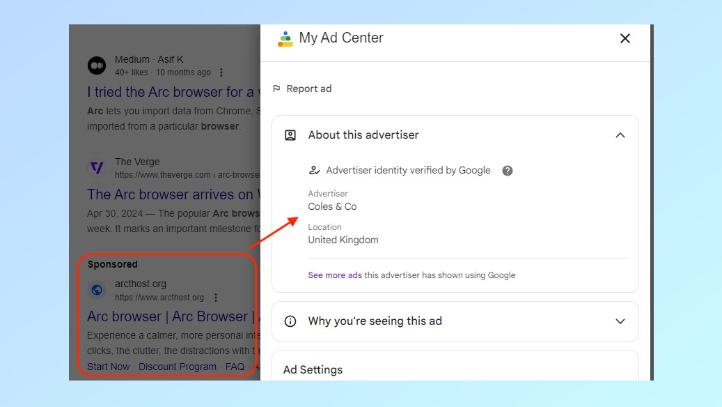 מודעה מזויפת עבור דפדפן Arc זוהתה בחיפוש Google