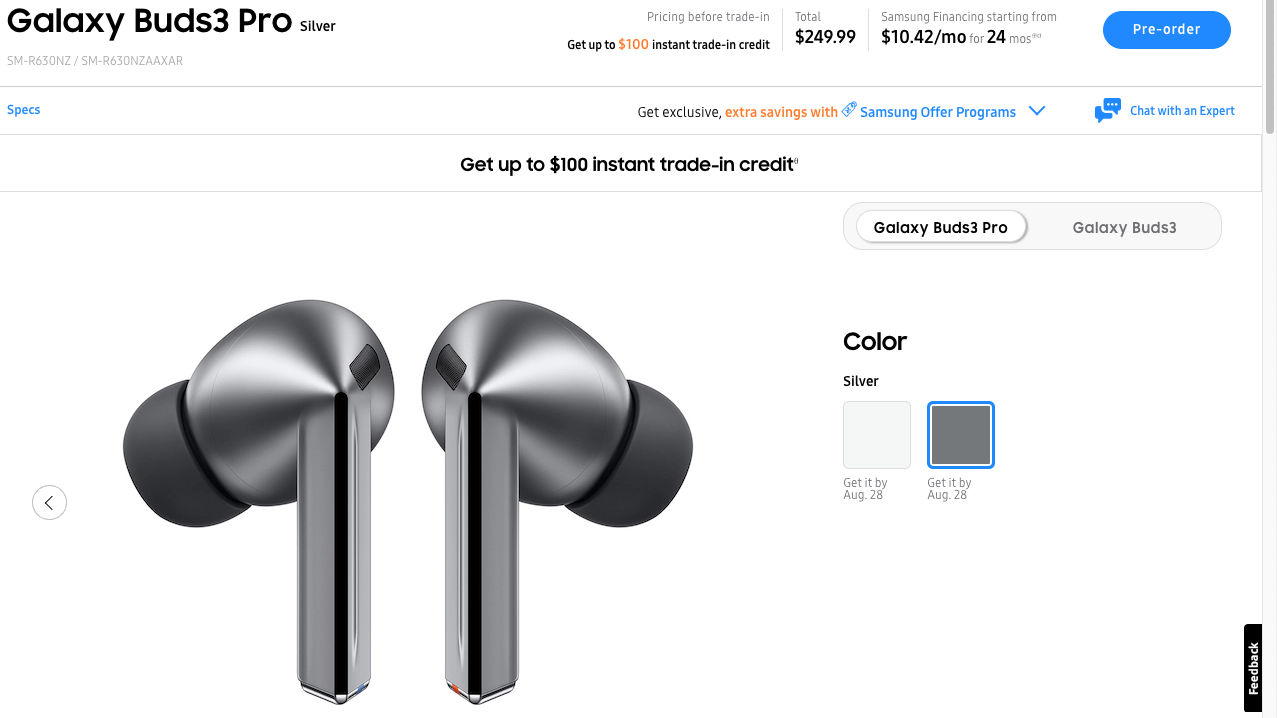 דף החנות של סמסונג ל-Galaxy Buds 3 Pro, מציג תאריך השקה דחוי ב-28 באוגוסט