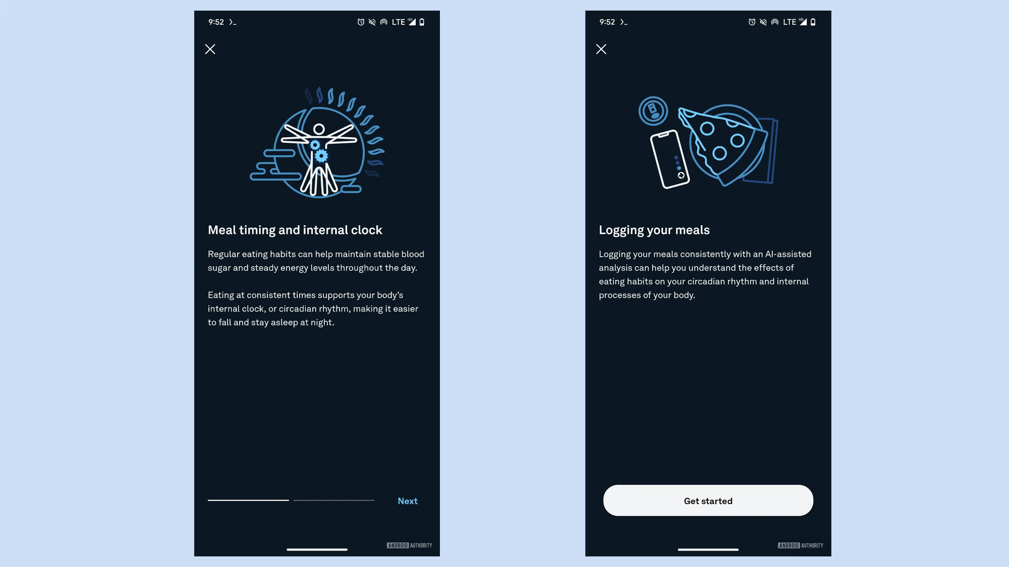 צילומי מסך של אפליקציית Oura של רישום מזון