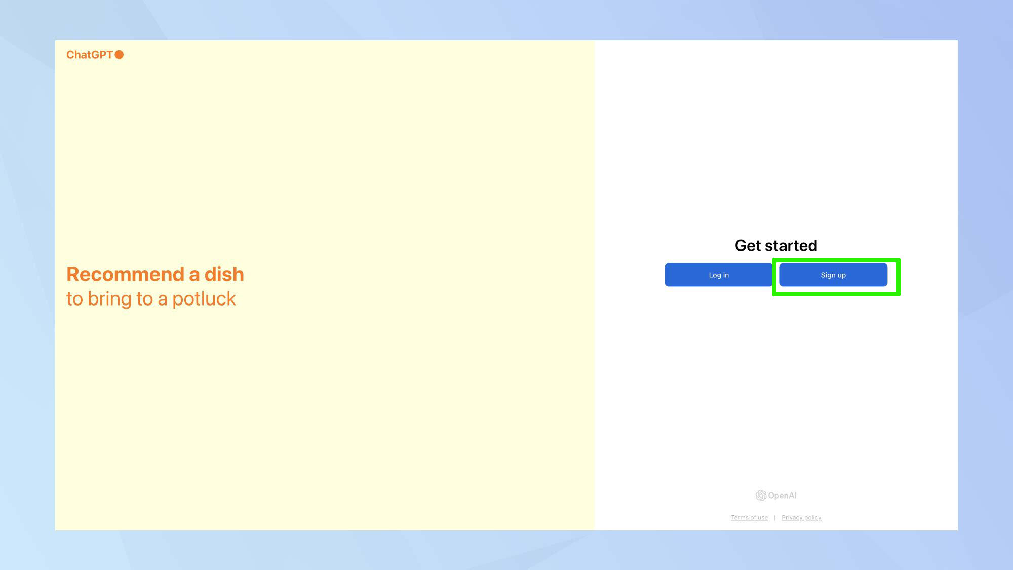 דף ההרשמה של ChatGPT