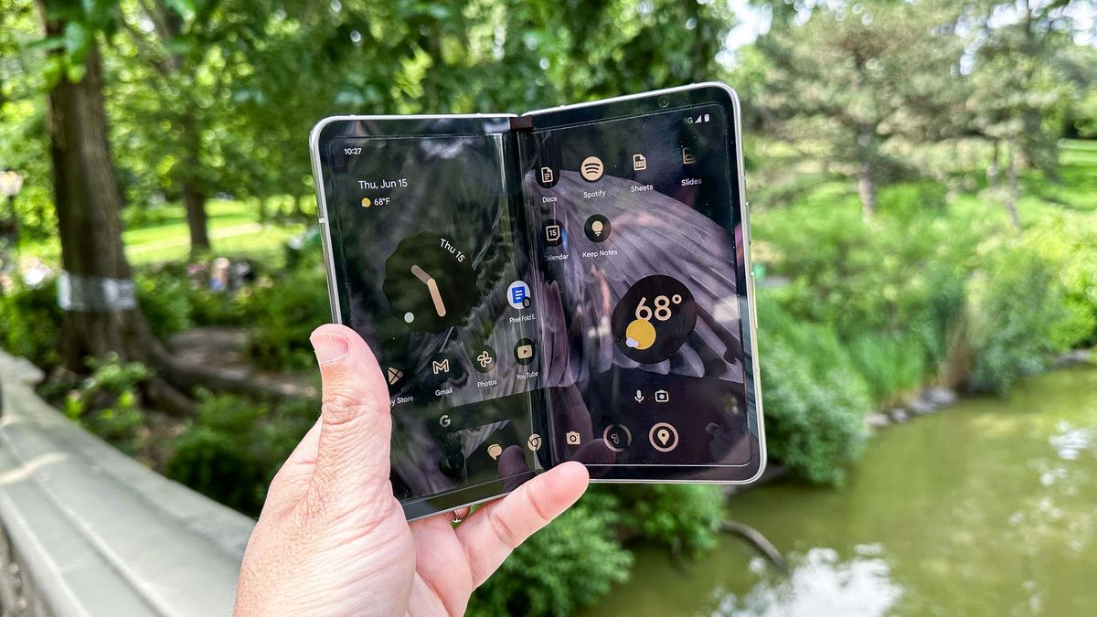 Google Pixel Fold shown in hand