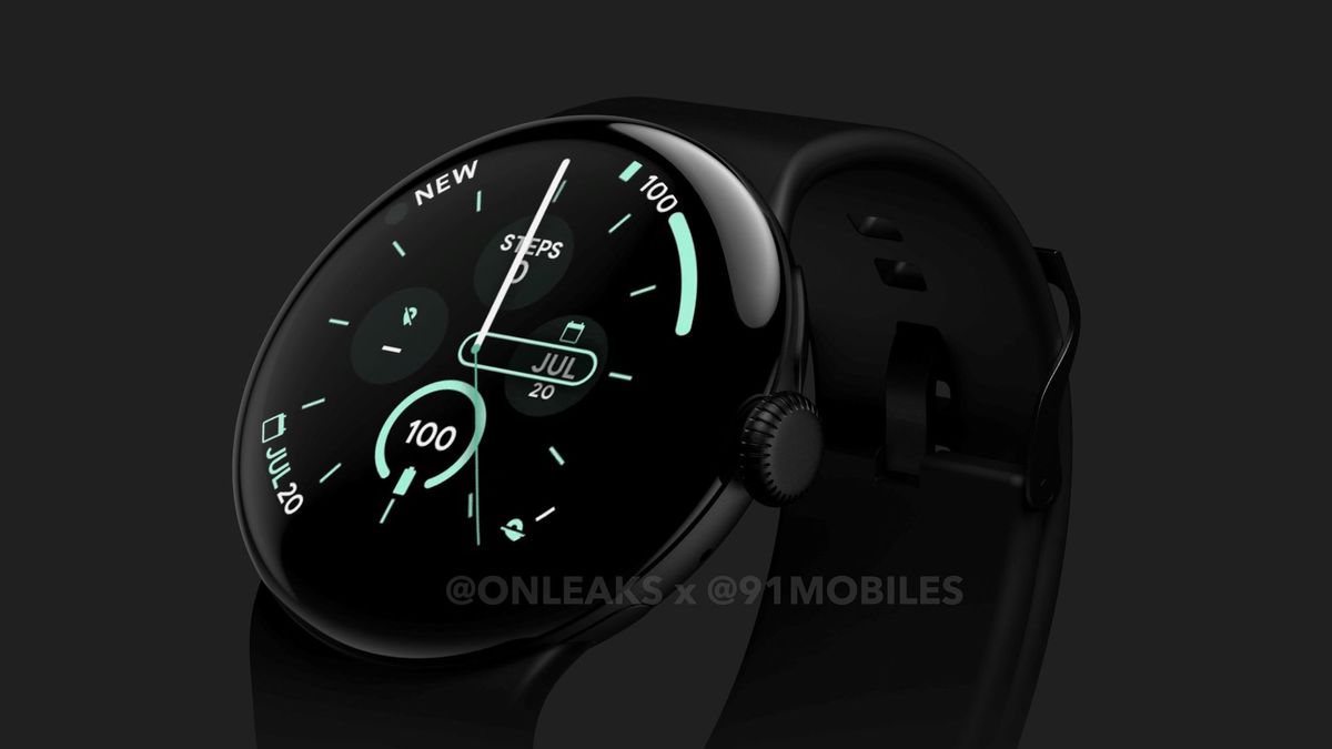 Google Pixel Watch 3 render, zoomed in on left side
