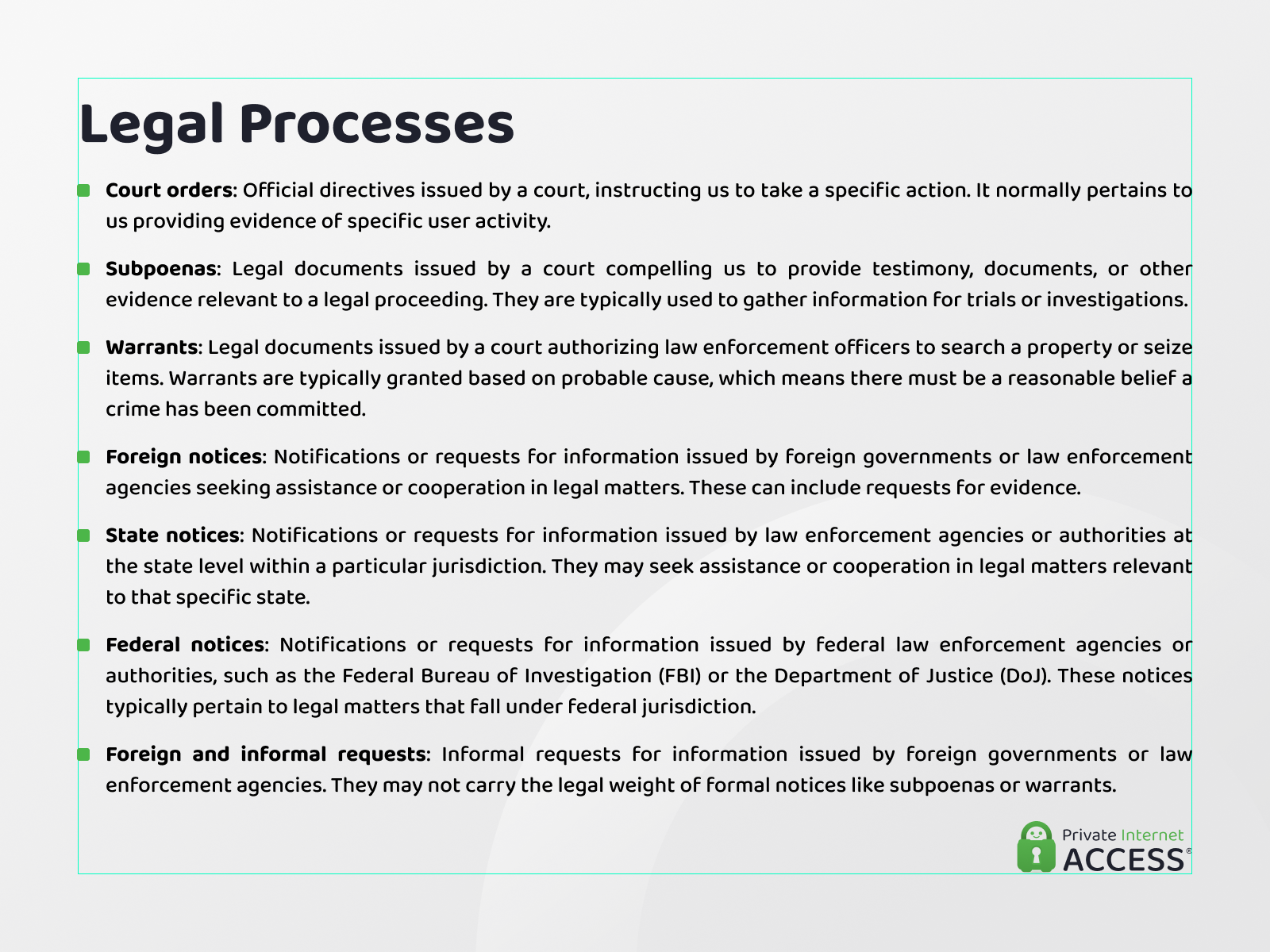 רשימה של הודעות משפטיות ומשמעותן מגישה פרטית לאינטרנט