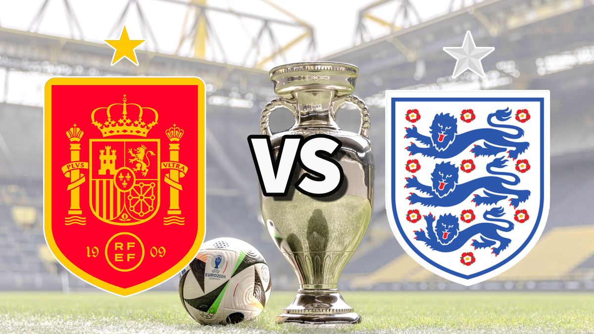 The Spain and England club badges on top of a photo of the Euro 2024 trophy and match ball