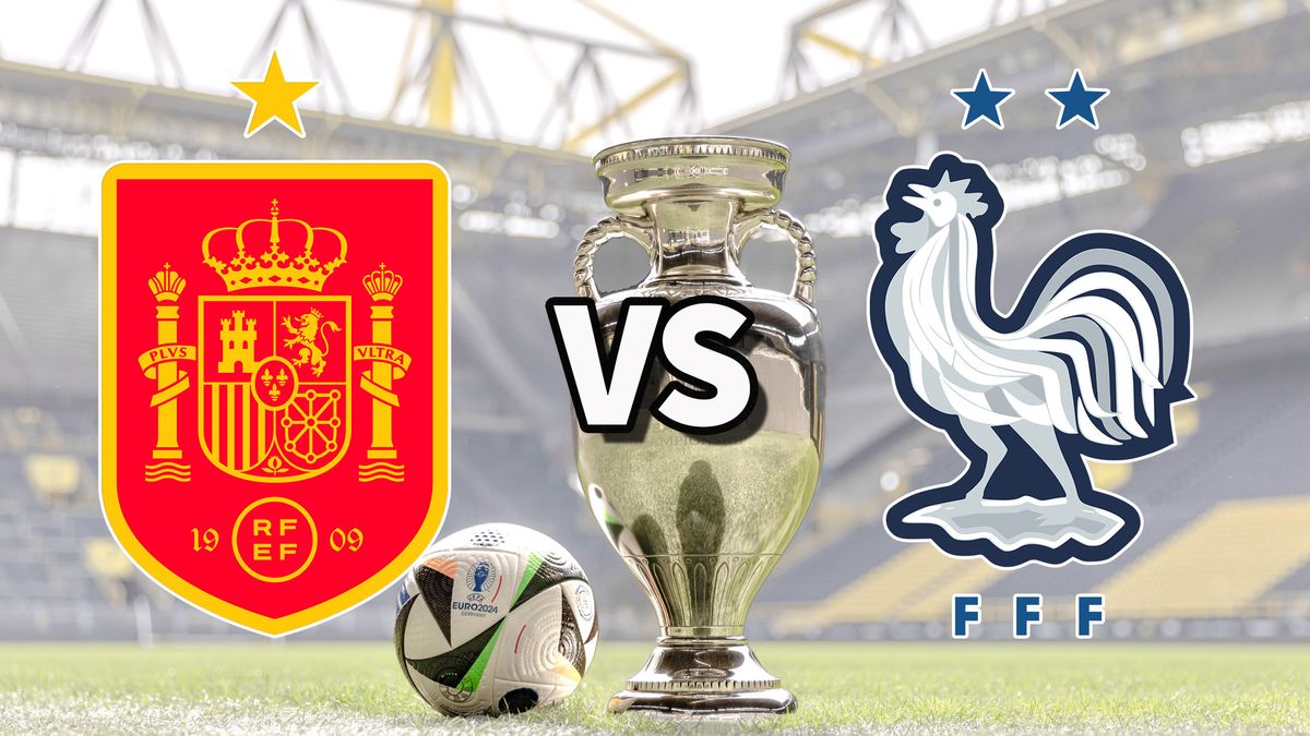 The Spain and France club badges on top of a photo of the Euro 2024 trophy and match ball