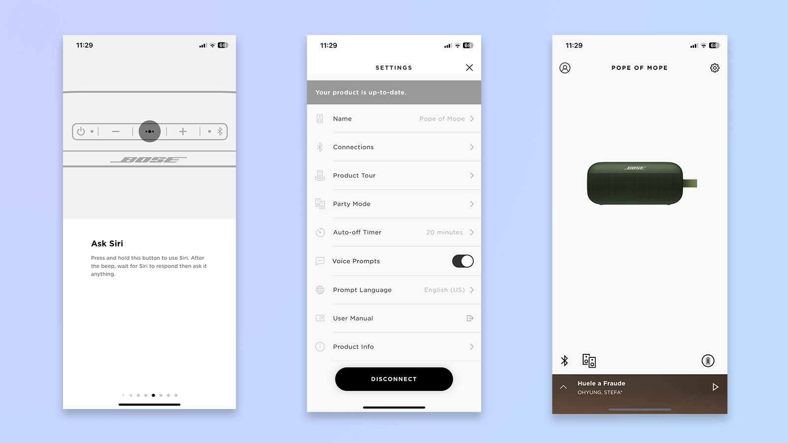 צילום מסך של אפליקציית bose connect המציג את דף הבית ואת מסך ההגדרות ומסך הדרכה
