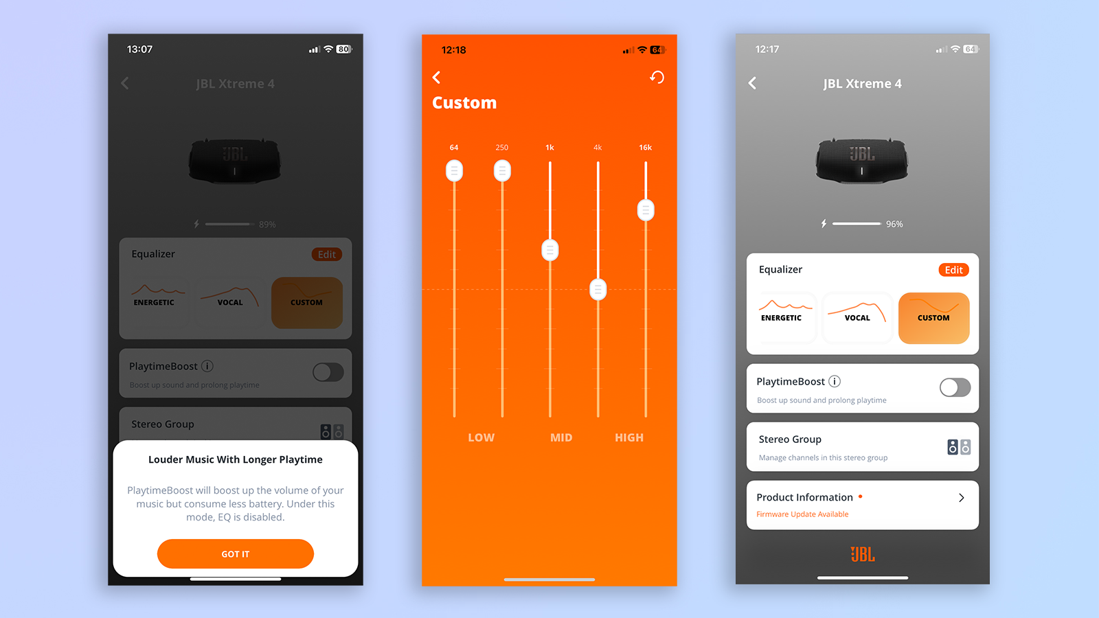 צילום מסך של אפליקציה מאייפון ב-iOS של האפליקציה הניידת JBL, המציג EQ וצילומי מסך של דף הבית