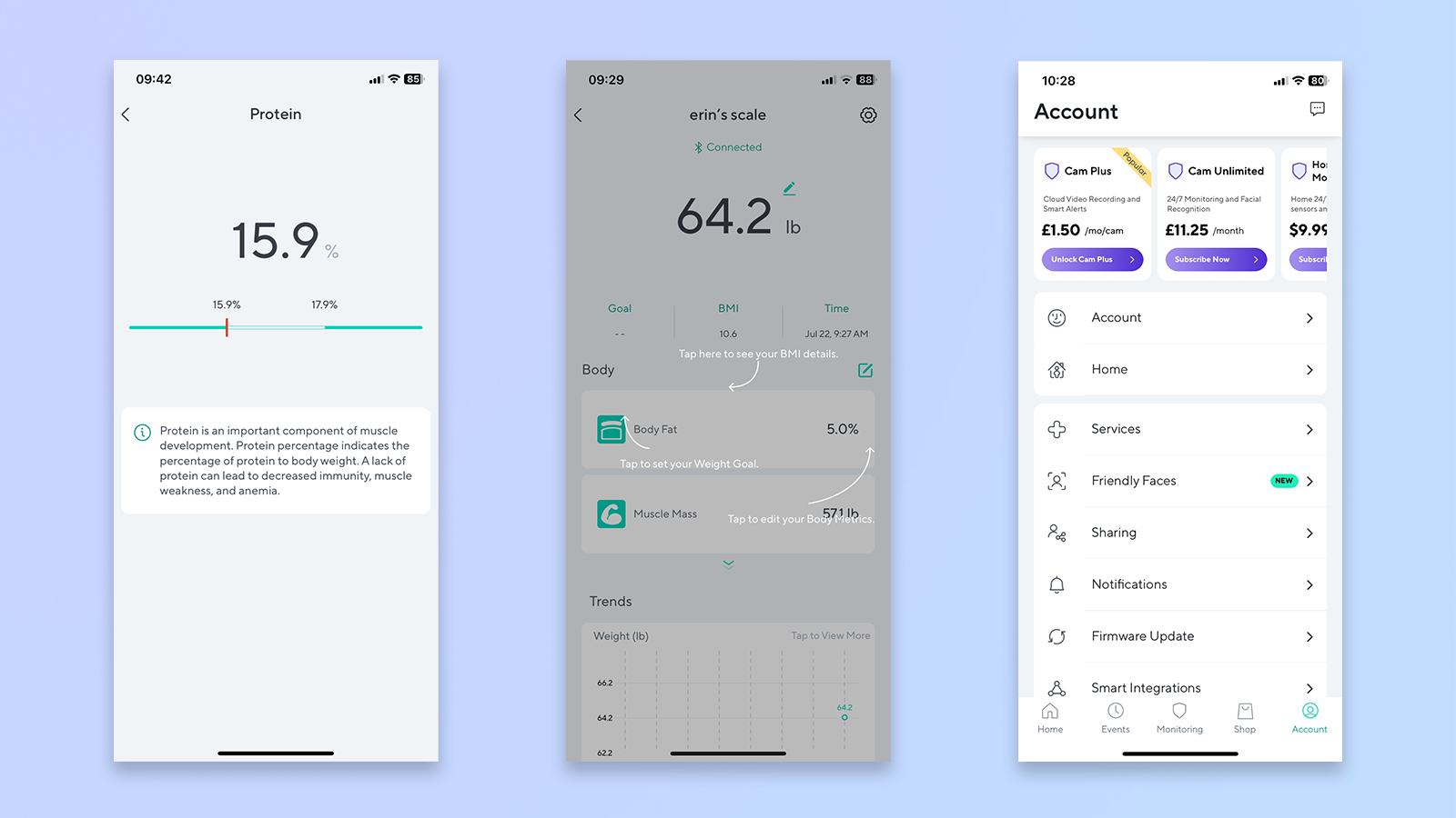 צילום מסך של אפליקציית wyze המציג מסכים ואפשרויות עבור מדדי משקל וכרטיסיות אחרות לא קשורות באפליקציה