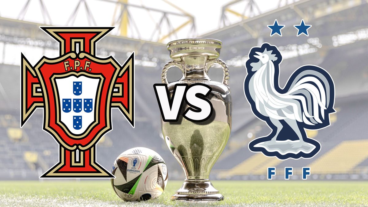 The Portugal and France club badges on top of a photo of the Euro 2024 trophy and match ball