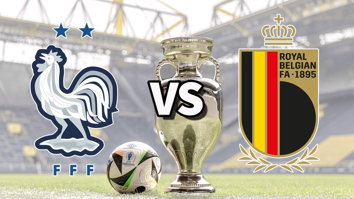 The France and Belgium club badges on top of a photo of the Euro 2024 trophy and match ball