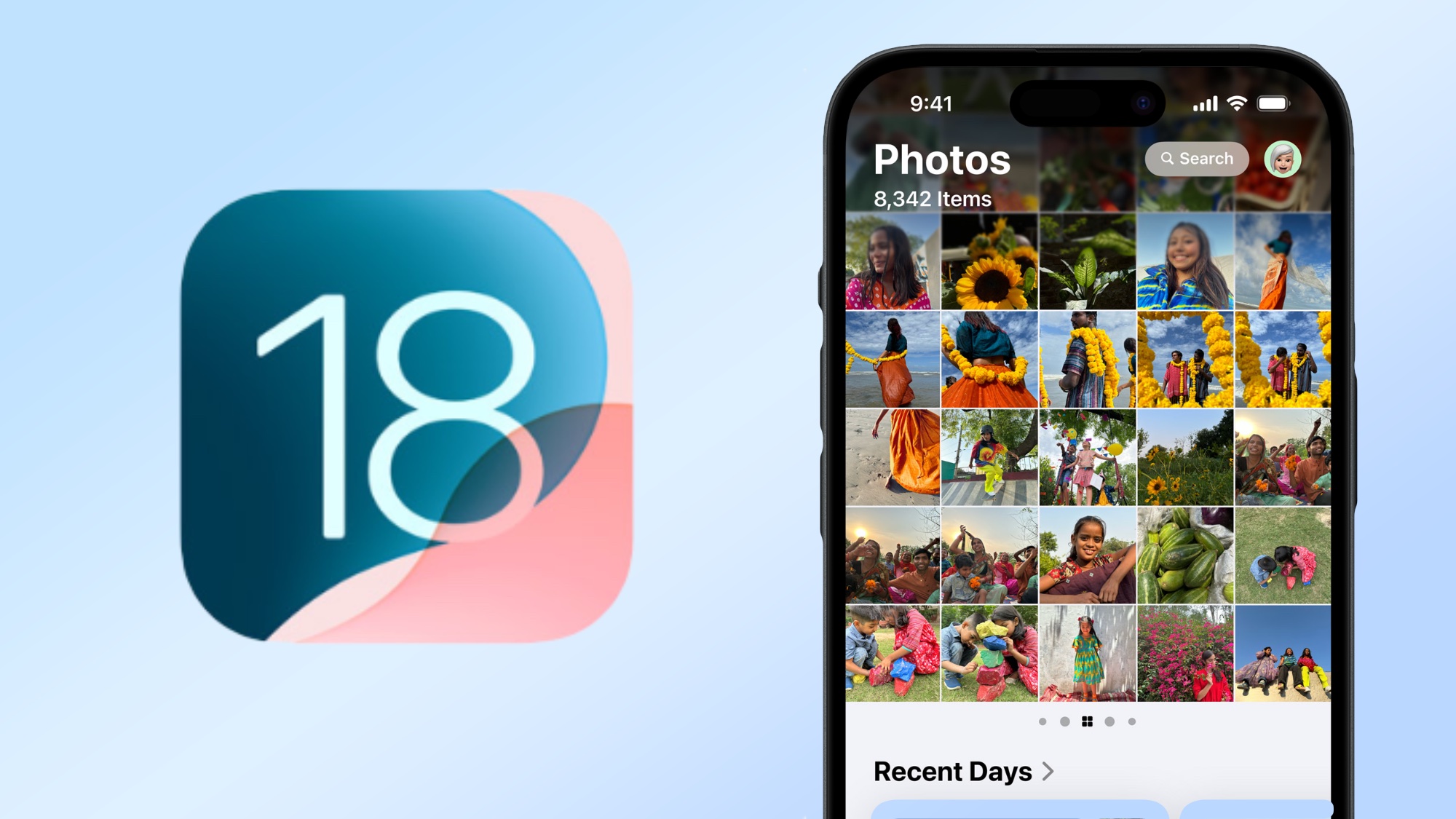 לוגו iOS 18 לצד iOS 18 Photos צילום מסך באייפון