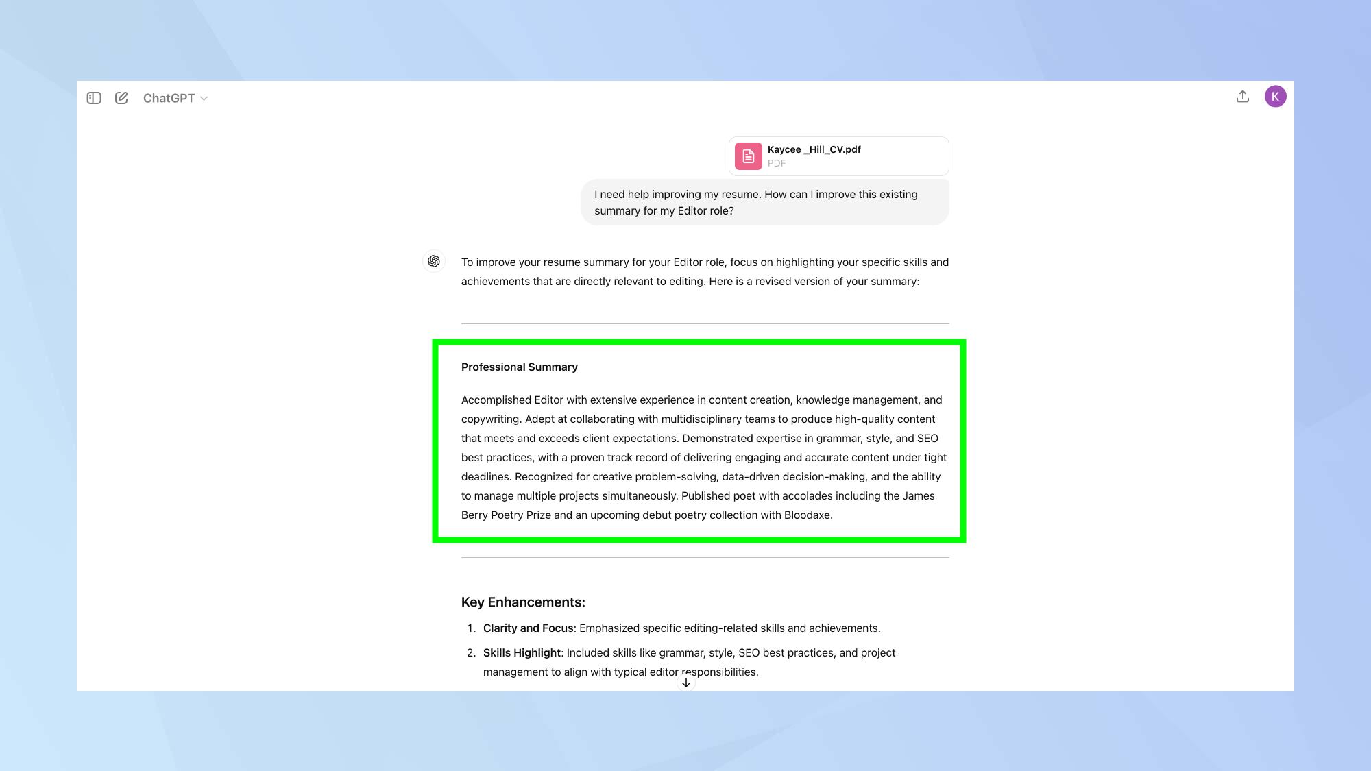 הודעת סיכום מקצועית של ChatGPT 