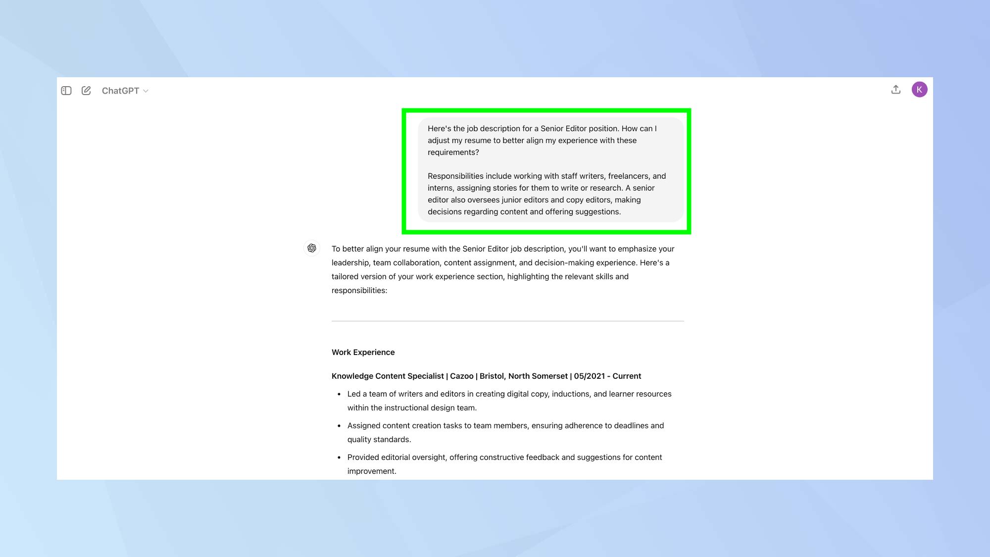 הנחיות לתיאור התפקיד של ChatGPT 