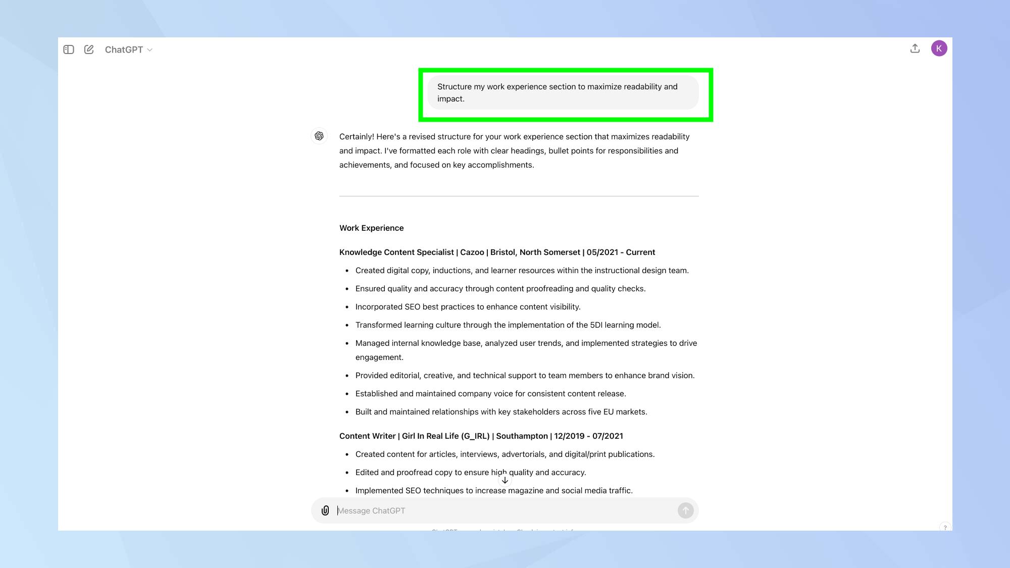 הודעת מדור ניסיון בעבודה של ChatGPT