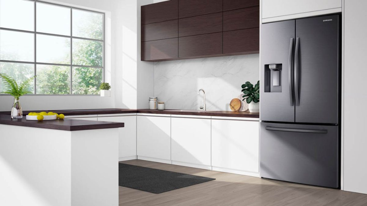 The Samsung RF28R6201SR refrigerator in a kitchen