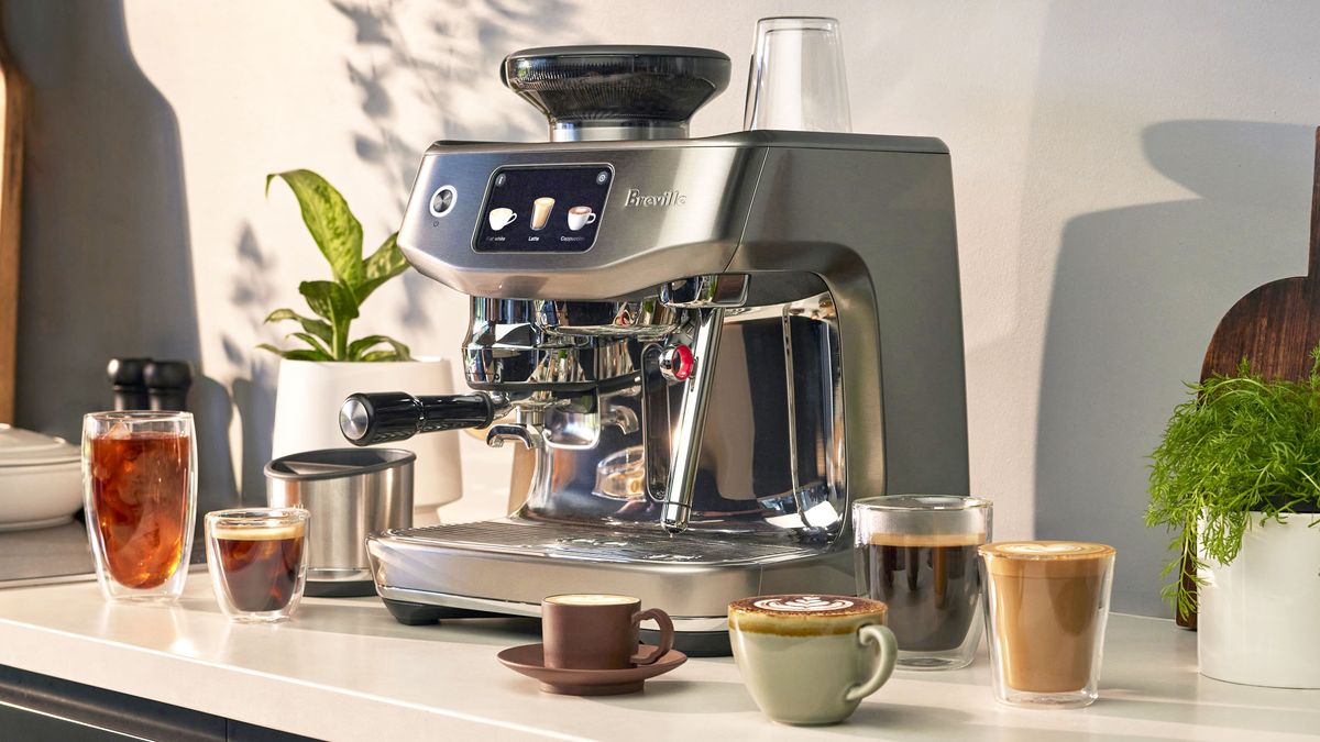 Breville Oracle Jet next to five of its pre-set coffee drink options