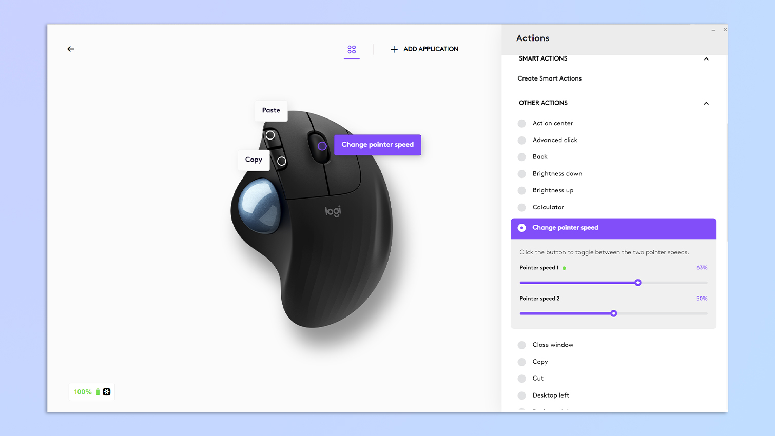 צילום מסך של Logi Options+ נפתח במחשב נייד Windows 11, מראה את העכבר Logitech Ergo M575 בהתאמה אישית