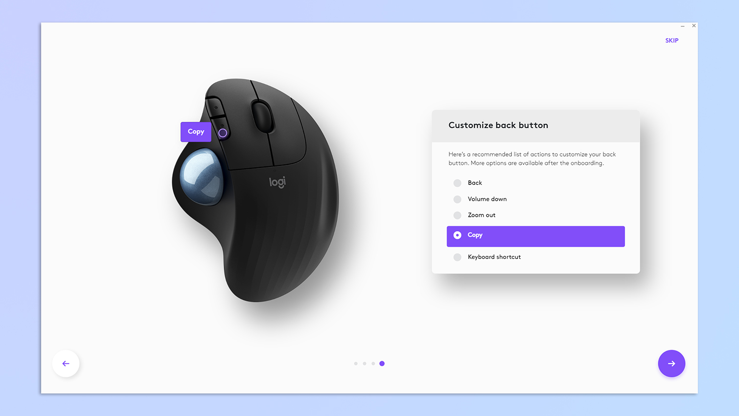 צילום מסך של Logi Options+ נפתח במחשב נייד Windows 11, מראה את העכבר Logitech Ergo M575 בהתאמה אישית